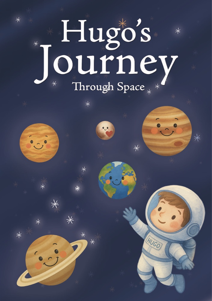 Cover of Hugo's Journey Through Space: Hugo in his spacesuit waving among smiling planets